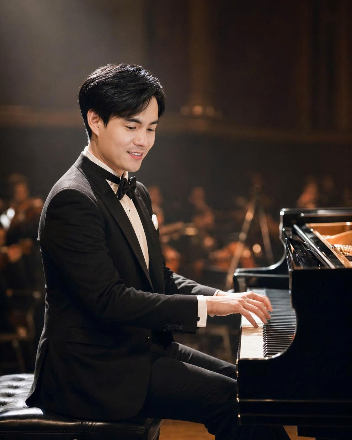 Nguyễn Nhật Quang bên đàn piano trong không gian biểu diễn